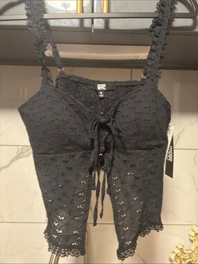 NYC Black Eyelet Tie-Front Camisole-NWT P2P:16